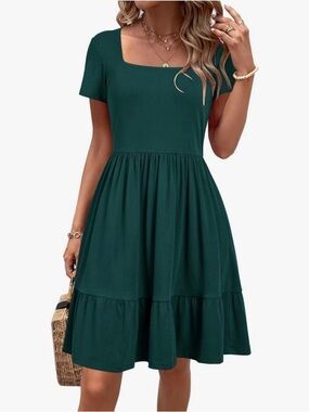 Women’s Short Sleeve Square Neck Tiered Summer Dress - Teal Green